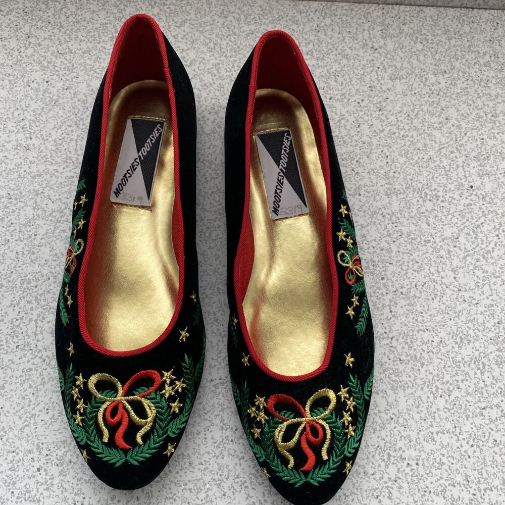Mootsies Tootsies 7.5  Mistletoe Black Velvet Christmas Womens Shoes Flats 8992